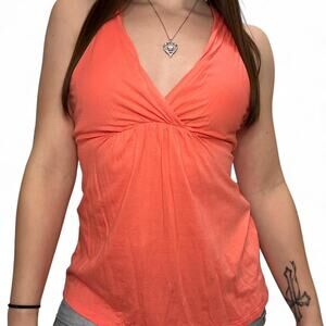 2000s Victoria’s Secret Coral Halter V Neck Babydoll Tank Built-In Bra Size S